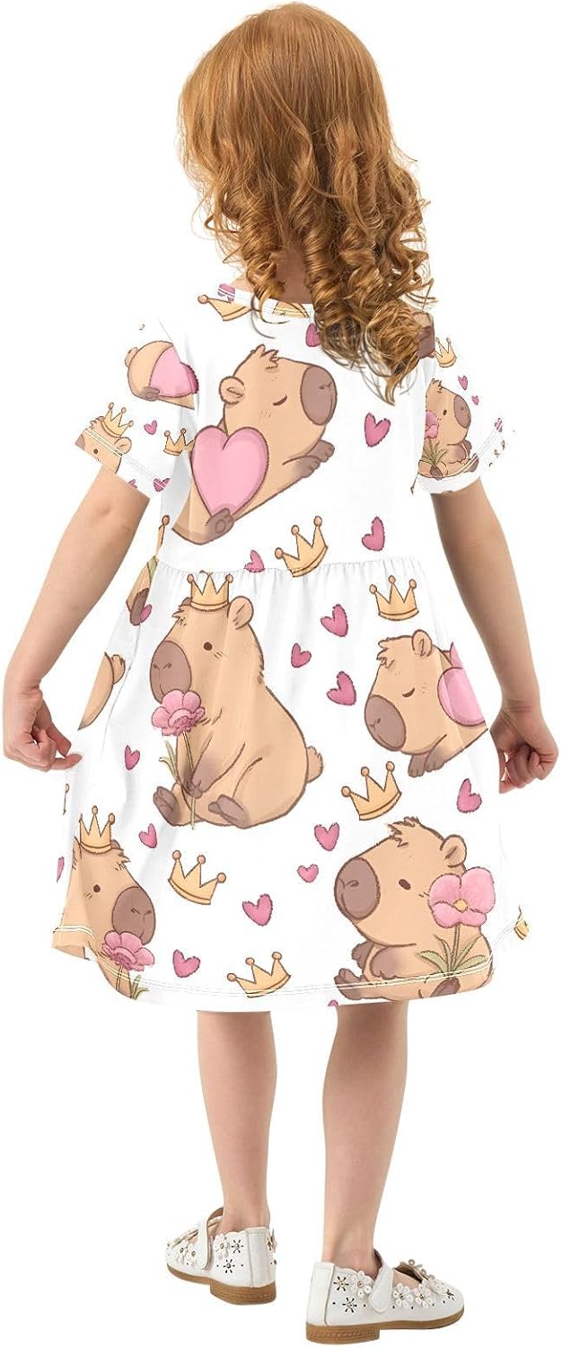 OREZI Girls' Summer Dress Short Sleeve Capybara Crown Heart Pattern Casual Dress Princess Dresses - Image 2