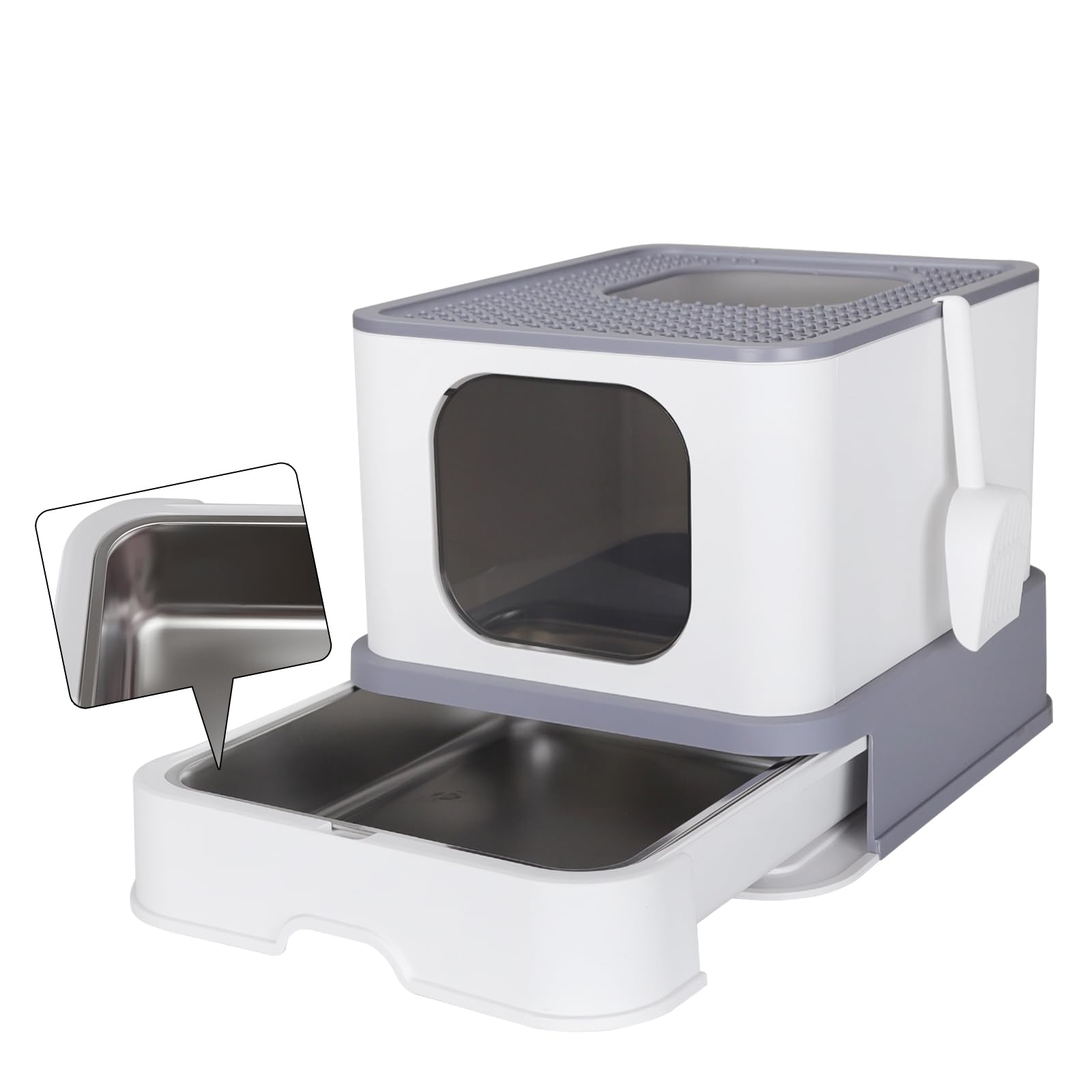 RIZZARI Stainless Steel Cat Box: Enclosed Design with High Walls - Light Gray - Large Litter Pan for Odor Control Indoors