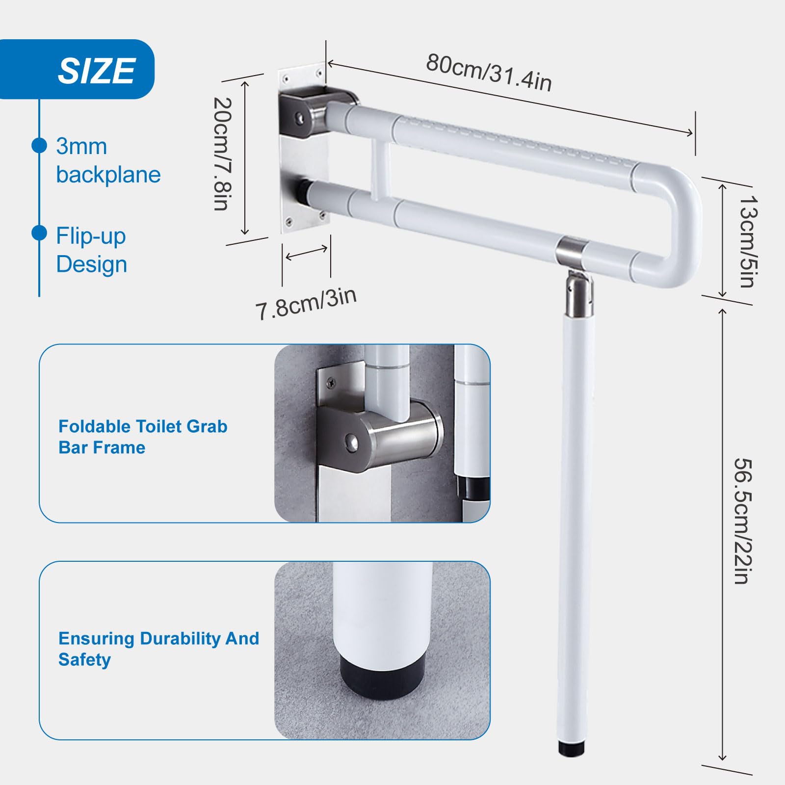 Maniglione per Wc Bianco, Maniglione Bagno Disabili Acciaio Inossidabile Maniglia di Sicurezza per Doccia 80cm Maniglie Antiscivolo Corrimano Barra Ribaltabile 80cm/31.4in