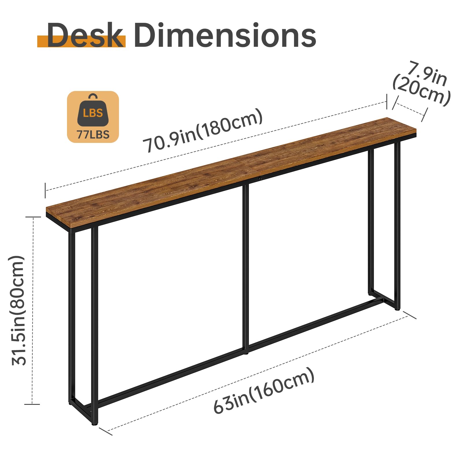 Consola de mesa industrial (180 cm, largo y estrecho para sofá, mesa de entrada, pasillo y salón, resistente, estable y fácil de montar