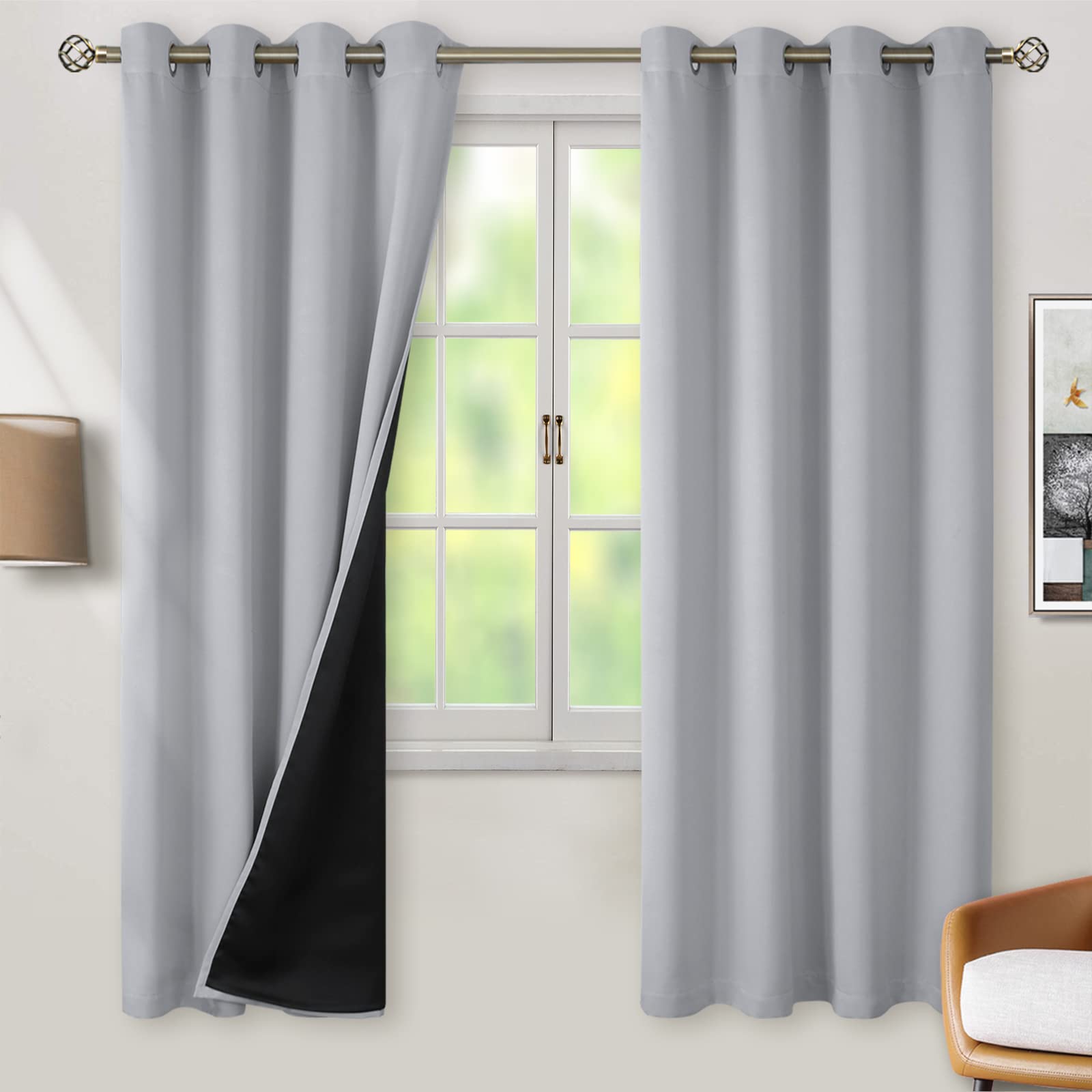 BGment Thermal Insulated 100% Blackout Curtains for Bedroom with Black Liner, Double Layer Full Room Darkening Noise Reducing Grommet Curtain (46 x 72 Inch, Light Grey, 2 Panels)
