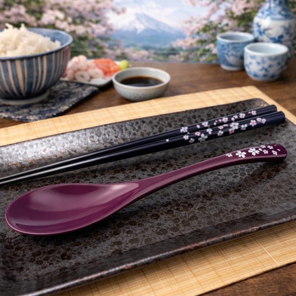 Premium Japanese Chopsticks with Spoon Reusable [ Made in Japan ] Traditional Lacquer Art Wooden Chopsticks (Flower PU(MK003))