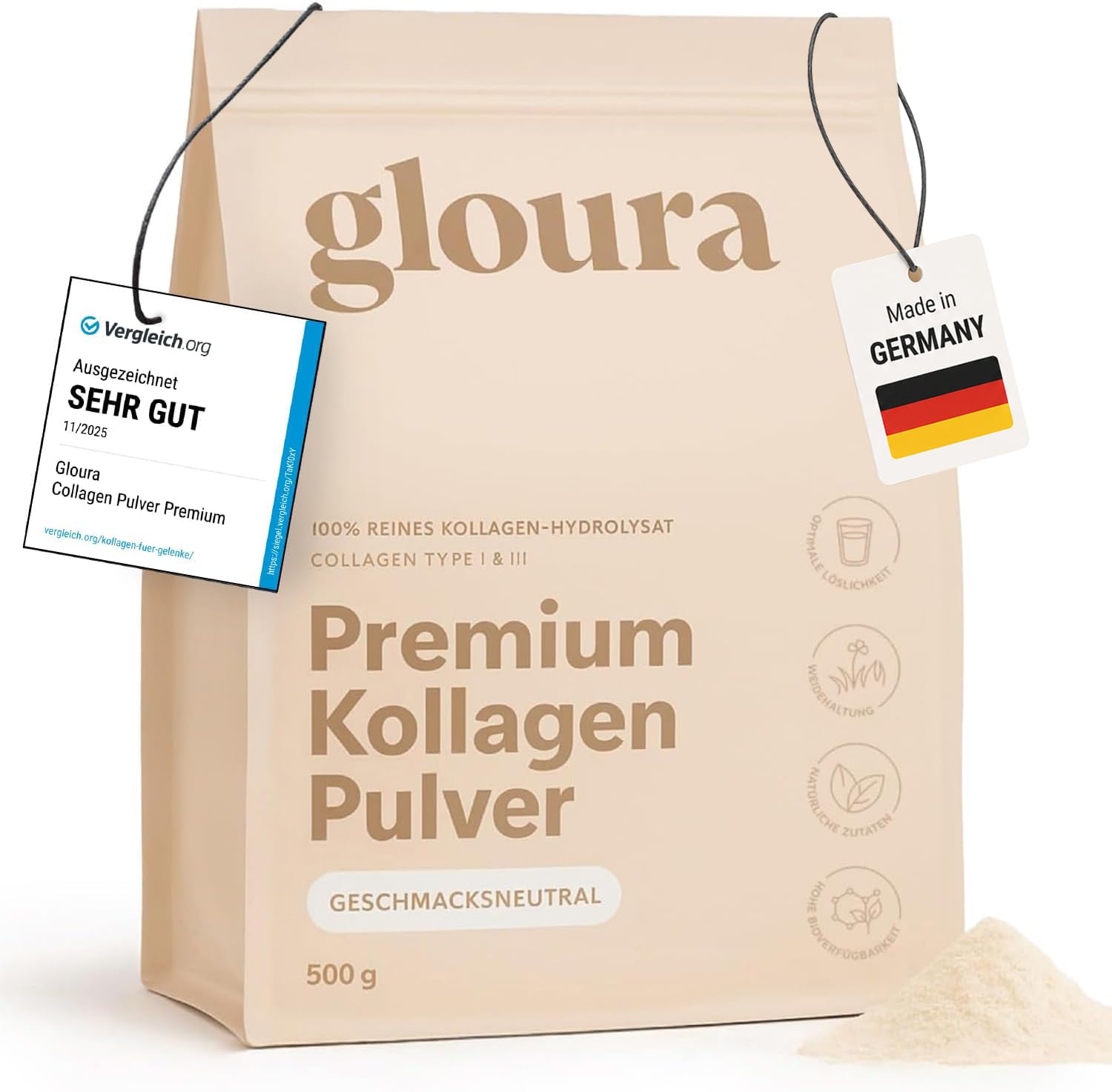 Kollagen Pulver Premium bioaktiv 500g - 100% reines Collagen Hydrolysat, Collagen type 1 & 3, Gute Löslichkeit, ohne Zusätze, Ideal für schöne Haut & schönes Haar