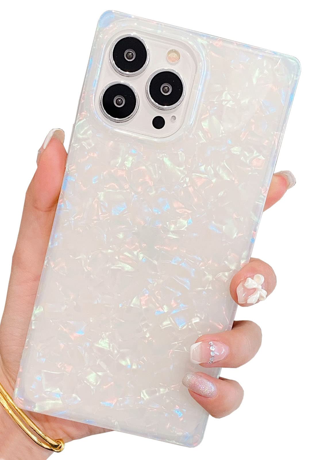 KERZZILCute Rectangle Compatible with iPhone 14 Pro Max Case, Slim Colorful Sparkle Glitter Mother Shell Pearl Pattern Translucent Soft TPU Silicone Protective Bumper Cases Cover(Pearl)