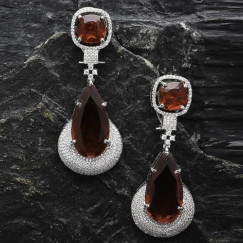 Rhodium-Plated American Diamond Teardrop Drop Earrings