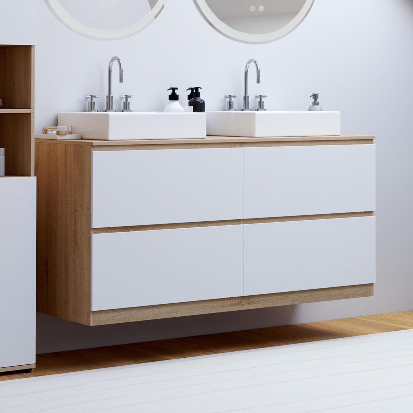 IDMarket - Meuble Double Vasque Suspendu Salle de Bain TOMI 120 cm 4 tiroirs façon hêtre et Blanc