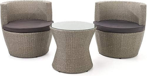 Miniatura 2 de Displays2go Juego de muebles de mimbre sintético para exteriores, tres piezas, resistente a la intemperie, apilable, color gris pardo (FDOUTDOOR1)