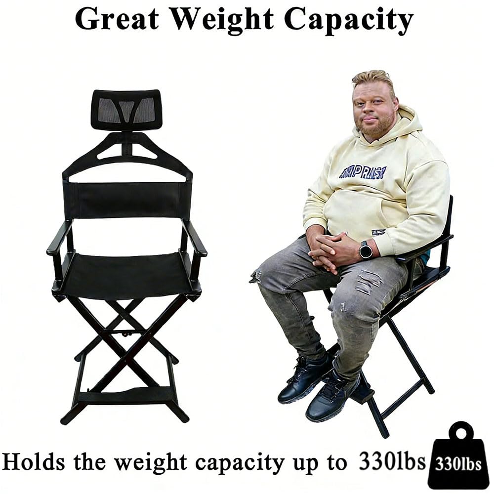 Sedia pieghevole da trucco con poggiatesta, sgabello professionale in alluminio, capacità 150 kg, perfetta per studi, set cinematografici, giardini e campeggio.
