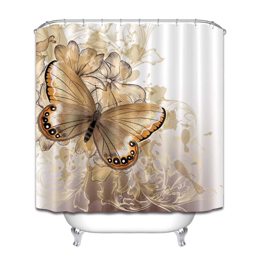 GLKSDLPO Cute Stylish Floral White and Gold Shower Curtains Butterfly Luxury Bathroom Curtain Modern Minimalist for Bathtub Decor(120x213cm/47x84in(WxH)