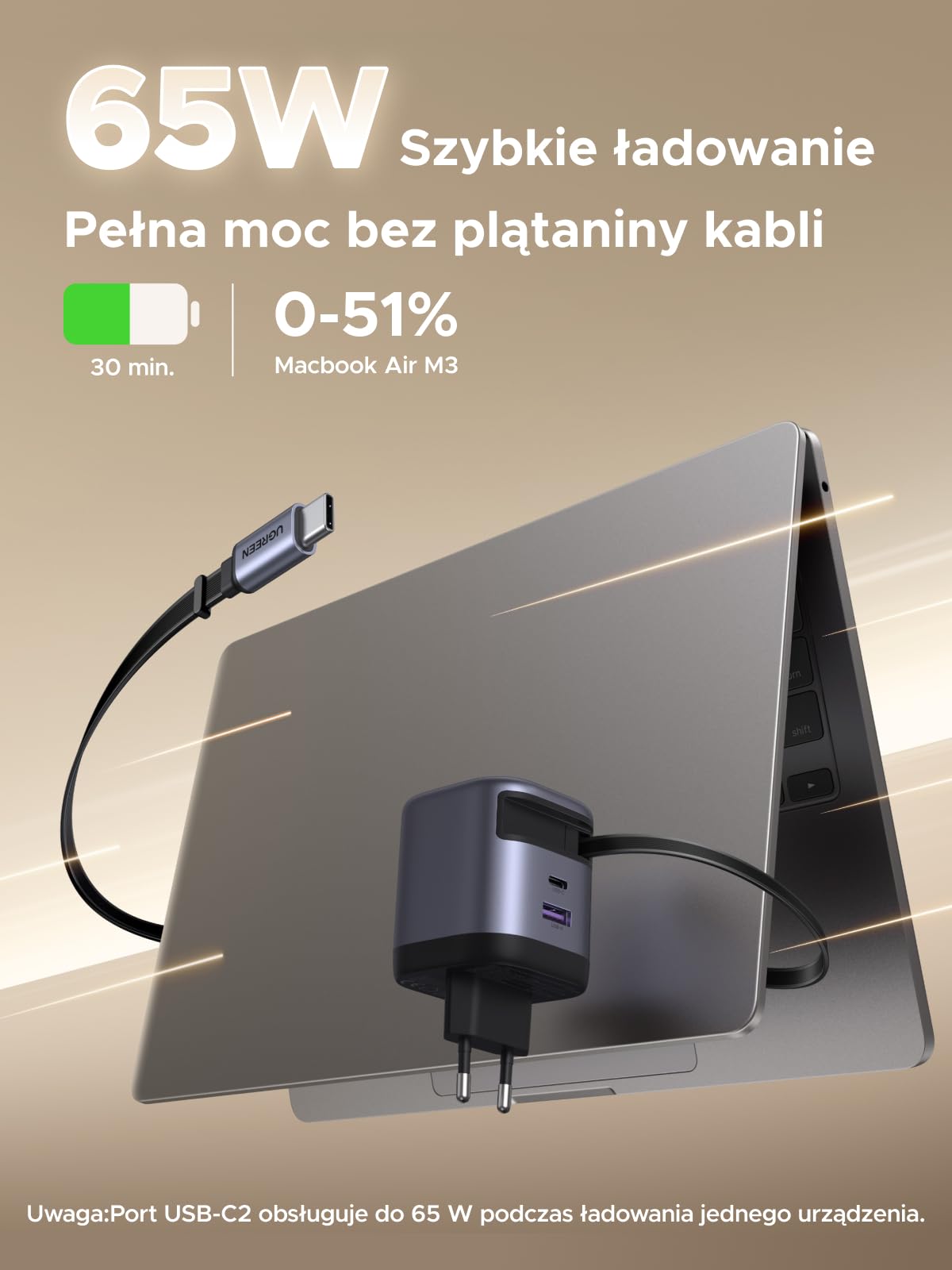 UGREEN Nexode Ładowarka USB-C 65 W, z przedłużanym kablem o długości 69 cm, 3 porty