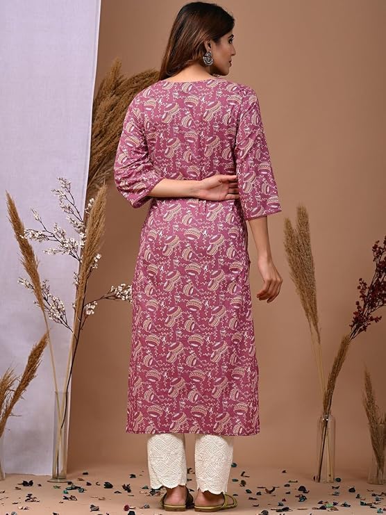 Image of RAINDROP Womens Printed Cotton Straight Kurta for Girls Regular Wear Long Top
