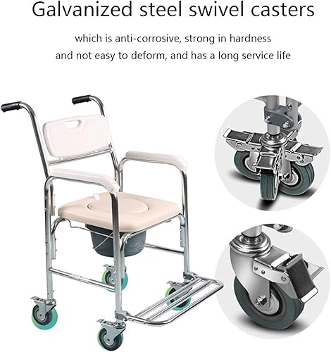 Miniatura 4 de Silla cómoda con ruedas, silla de ruedas, silla de transporte, taburete de baño de 4 ruedas, frenos de 4 ruedasinodoro móvil con pedal plegable para
