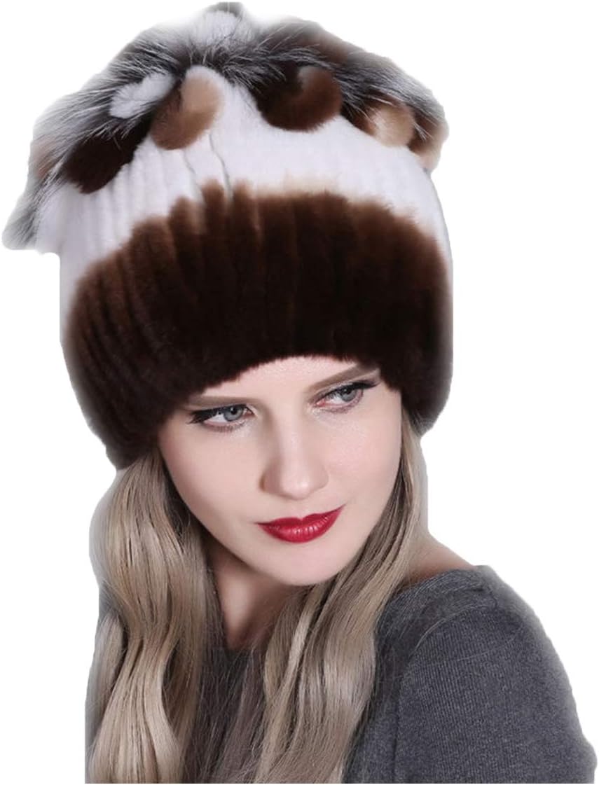 Knitted Hat for Women Real Rex Rabbit Hair and Silver Fox Hair Top Flower Shape Cap Elastic Winter Warm
