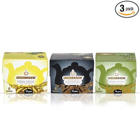 Greenbrrew Instant Green Coffee for Weight Loss (Natural, Lemon & Strong) - 6 Sachets, 18g Each Combo Pack