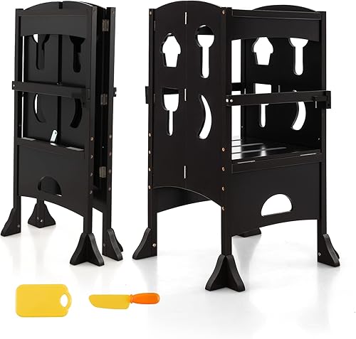 Costzon Taburete plegable de cocina para niños con riel de seguridad, torre de pie de madera ajustable en altura para niños pequeños, torre de
