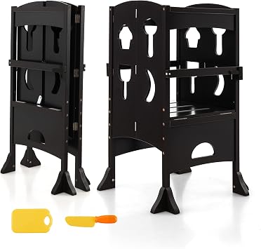 Costzon Toddler Tower, Foldable Kids Kitchen Step Stool w/Safety Rail, Height Adjustable Wood Standing Tower for Toddlers, Montessori Child Tower for Bathroom, Kitchen Counter