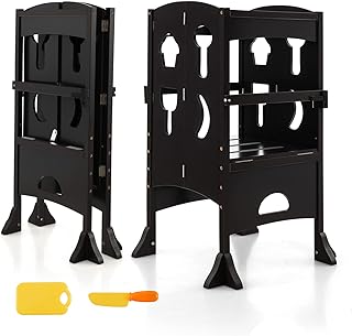 Costzon Kids Kitchen Step Stool, Folding Wooden Standing Stool w/Lockable Safety Rail, 2-Level Height Adjustable Platform (Espresso)