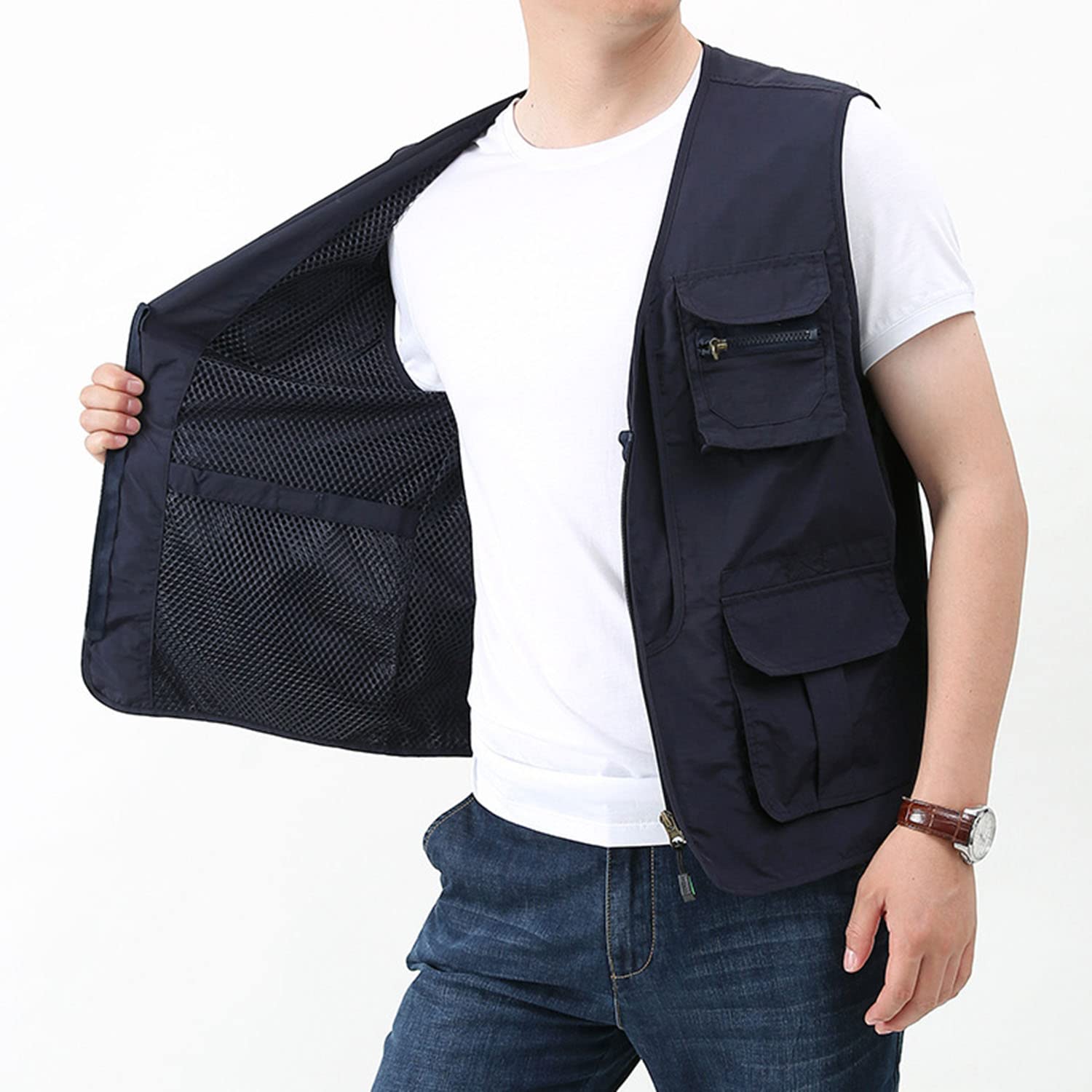 Chaleco para Hombre Chaleco Sin Mangas con Multibolsillos Chaleco De Pesca Exteriores Chaleco De Viaje Transpirable De Verano Chaqueta De Fotografía Utilitario