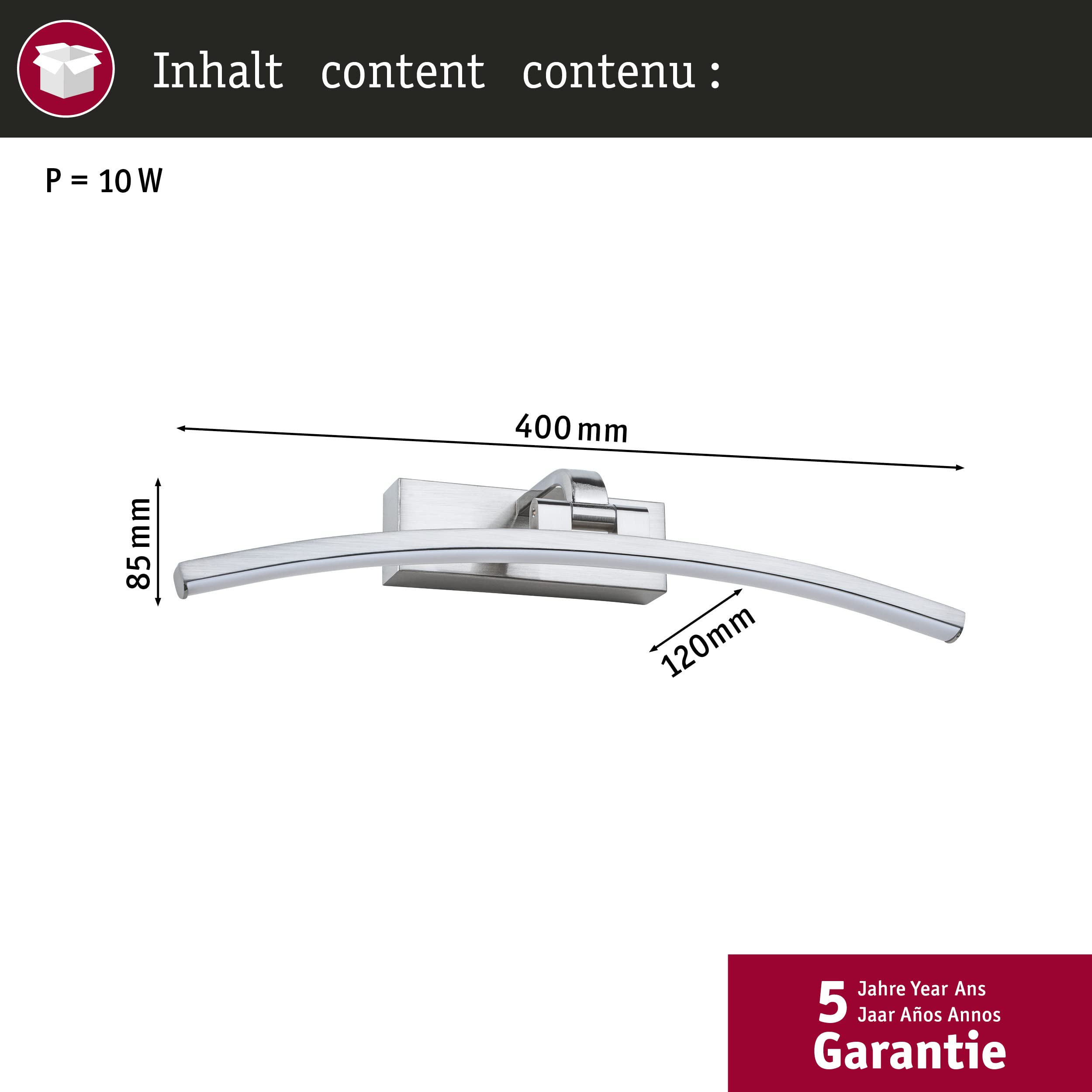Paulmann 95557 LED Bilderleuchte Bento 400mm incl. 1x8,5 W Warmweiß Nickel gebürstet Bildbeleuchtung Metall Wandlampe 3000 K