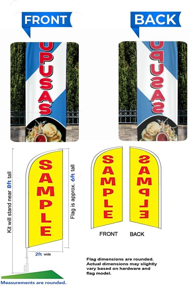 PUPUSAS 6ft Swooper Feather Flag for Mexican Restaurants Business Advertising outdoor windless Banner with Complete 8FT pole kit and Ground Spike