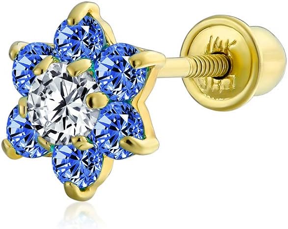 Bling Jewelry Tiny Minimalist AAA Gemstone CZ Birthstone Colors Cluster Open Flower Yellow 14K Real Gold Stud Earring 1 Piece For Women Teen Secure Screw Back Helix Lobe Cartilage