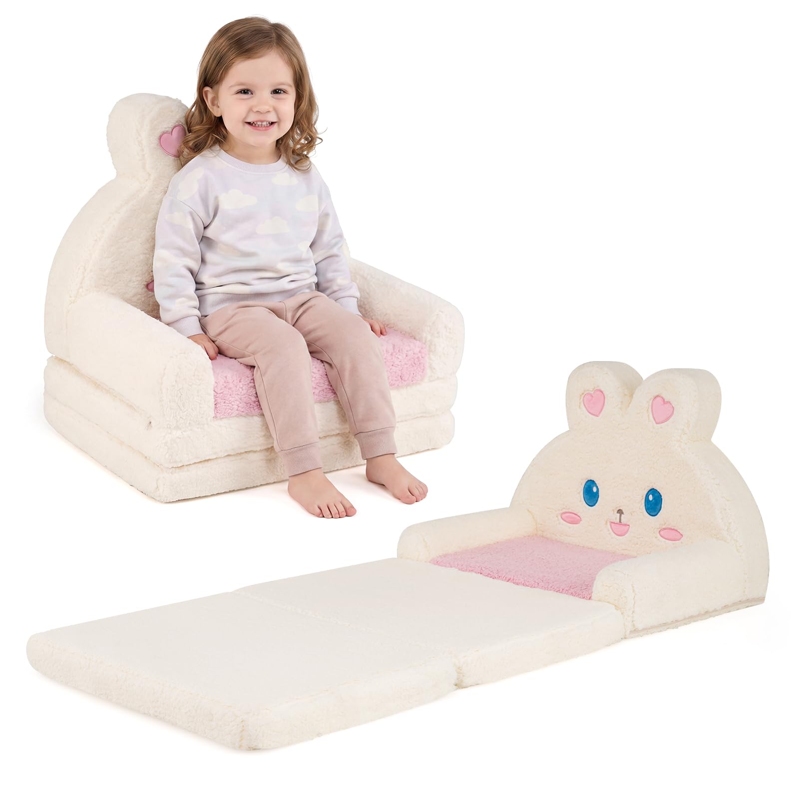 COSTWAY Sofá Infantil Plegable 2 en 1 (Conejo,Rosa) | Sillón Convertible para Niños con Funda Desmontable, Bolsillo de Almacenamiemto, Tumbona de Felpa para 18-36 Meses