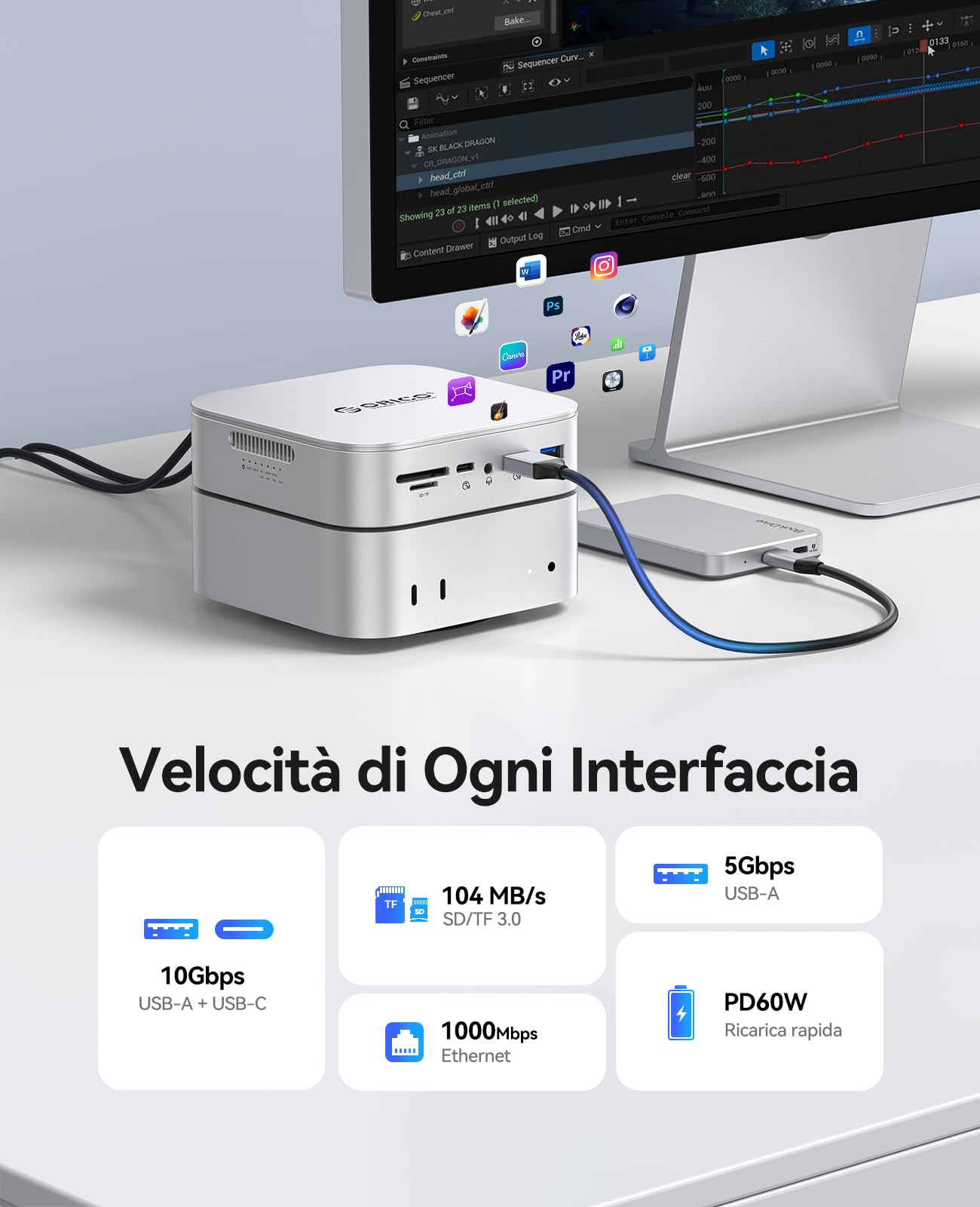 ORICO Mac mini M4 Dock Dual-Bay NVMe/SATA, docking station USB-C 10 in 1 con HDMI 4K, 10 Gbps, USB C USB A, PD60W, lettore di schede SD/TF, RJ45 1000 Mbps e alloggiamento Dual SSD per Mac mini M4 e M4