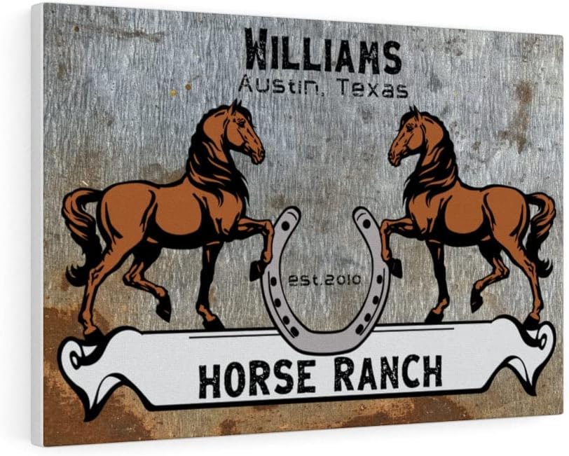 Personalized Rustic Horse Ranch Farmhouse Outdoor Family Wall Art Canvas Decor Gift, Rustic Horses Shoe Farmhouse Family Name Canvas Premium Gallery Wraps (1.25"), 30" × 20"