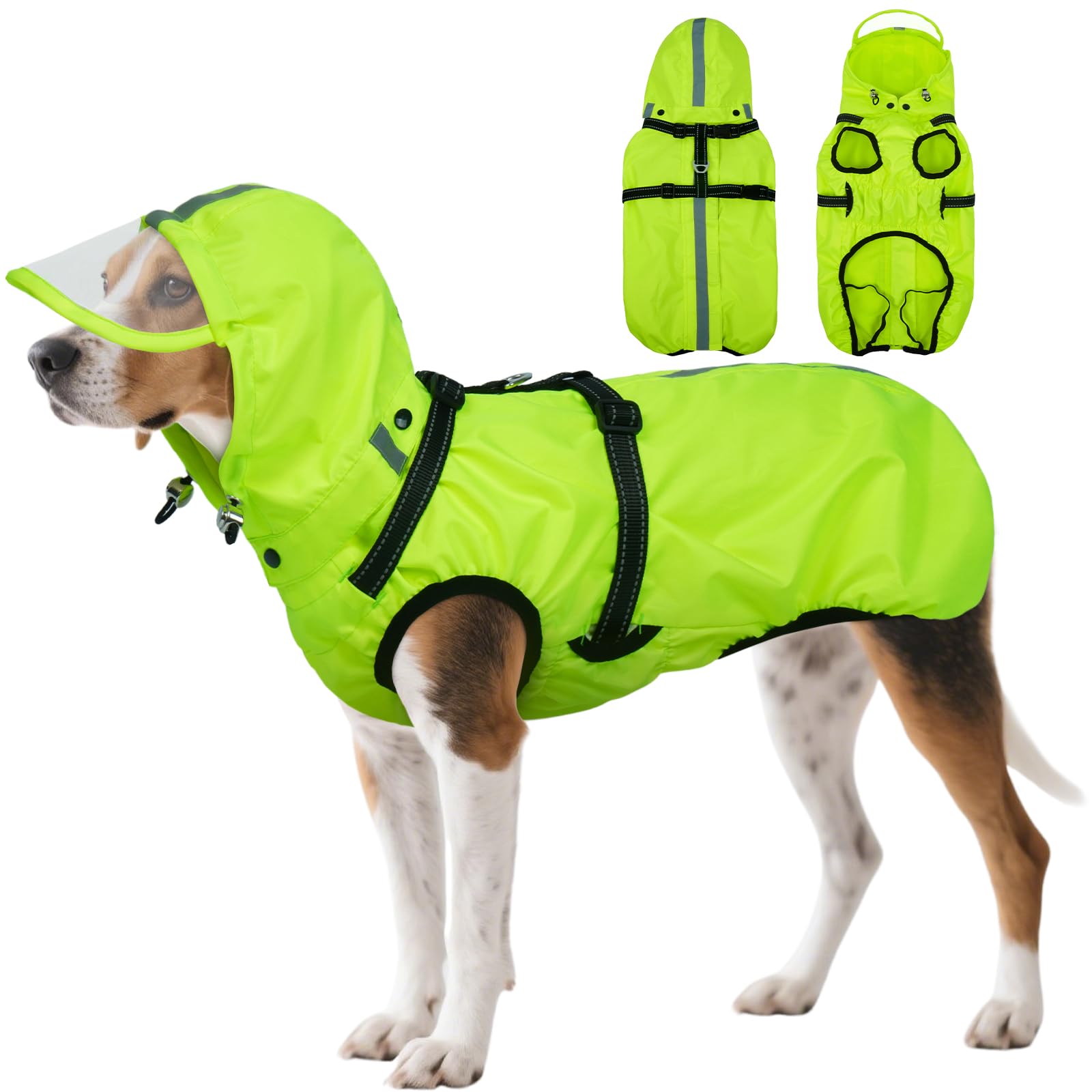 Hunde-Regenmantel XXL, wasserdichte Hunde-Regenmäntel für große Hunde mit verstellbarem integriertem Geschirr und Reißverschluss hinten, reflektierender Streifen, abnehmbare Kapuze, für