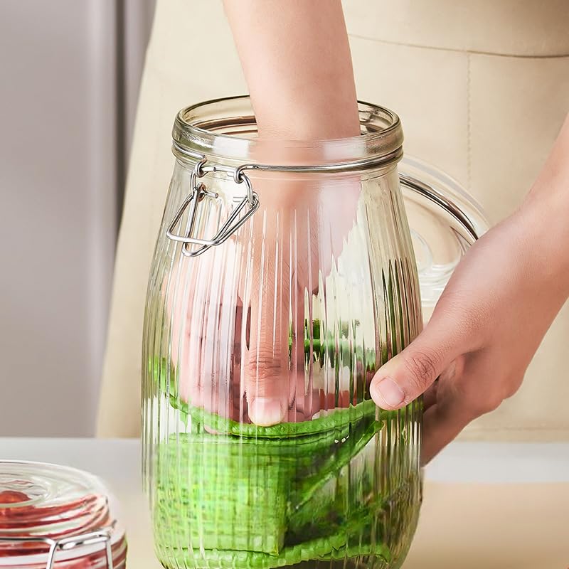 Image of ginoya brothers Airtight Glass jar with lid Storage Containers,Glass Canister, Mason Jars, Small Striped Clip Fastening Jar for Kitchen Canning, Overnight Oats, Pickle, Spice. (4, 1500 ML)