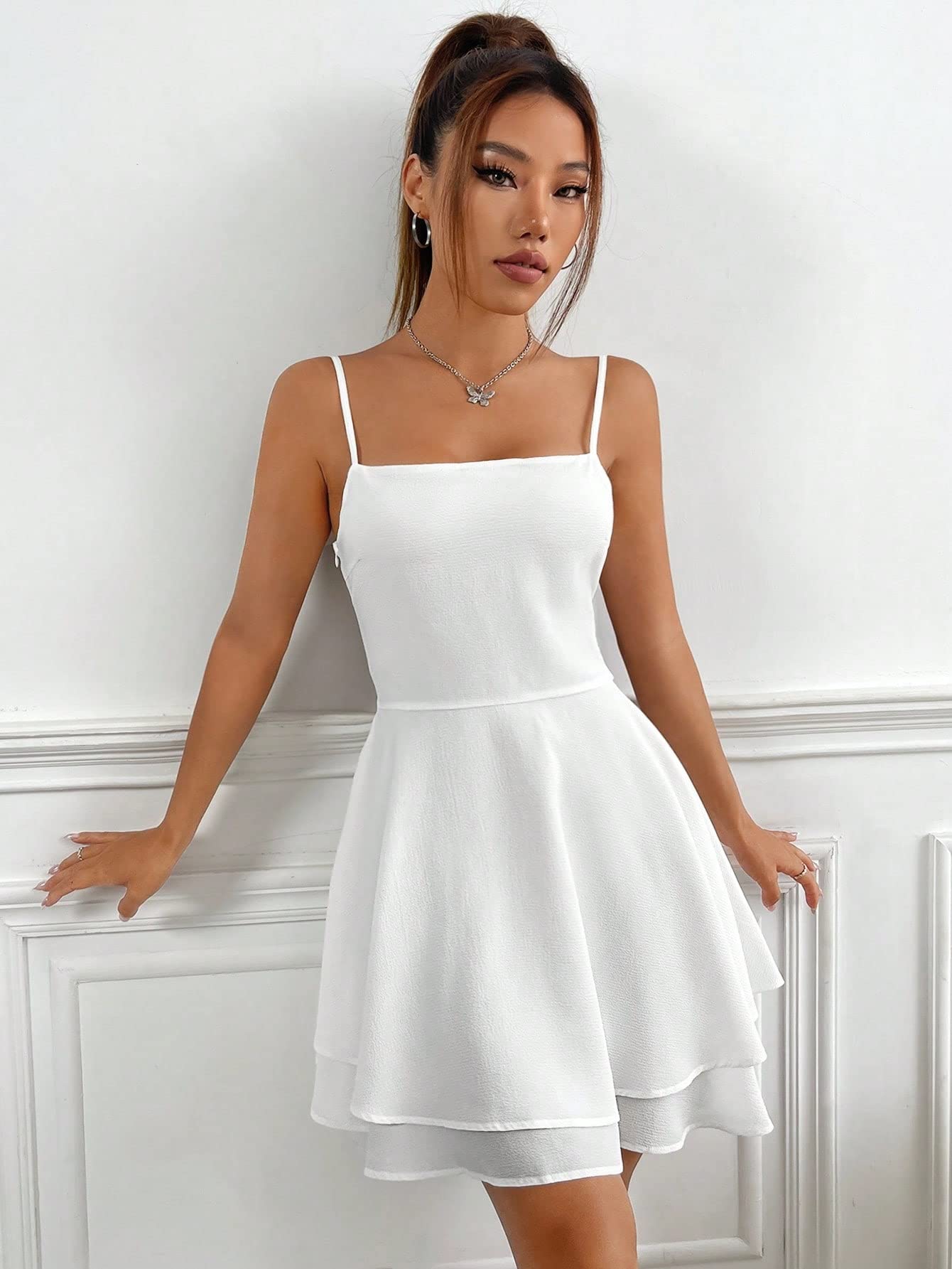 solid criss cross backless cami dress Chain Detail Crisscross Backless Satin Cami Dress