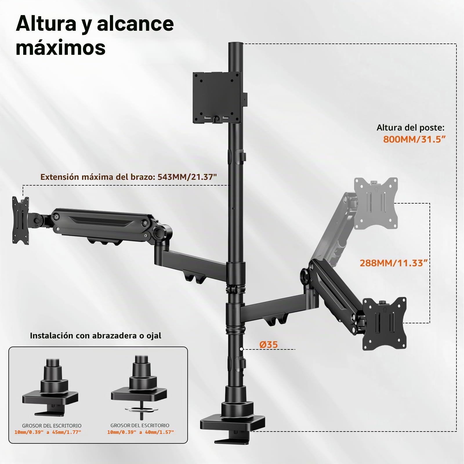 Soporte 3 Monitores-1 Fijo 49" y 2 Gas Spring 35",Columna de 80 cm Brazo Monitor Totalmente Ajustable,Capacidad de Carga máxima 20 kg
