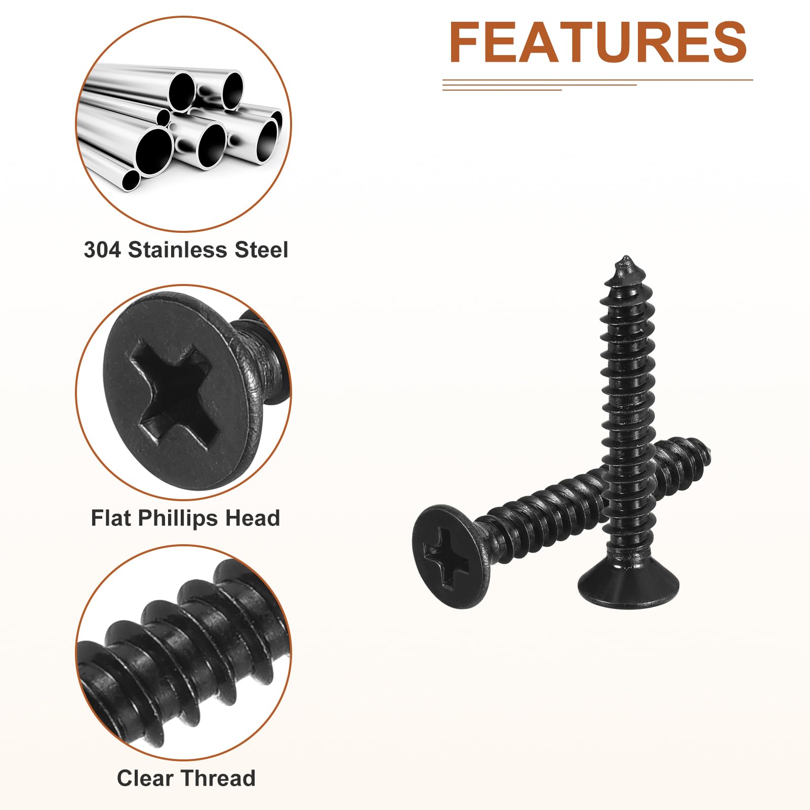 DTGN 100Pcs #10x1-1/4" Flat Head Wood Screws, 304 Stainless Steel Phillips Self Tapping Screws - Good for Woodworking Furniture - Black - Image 4