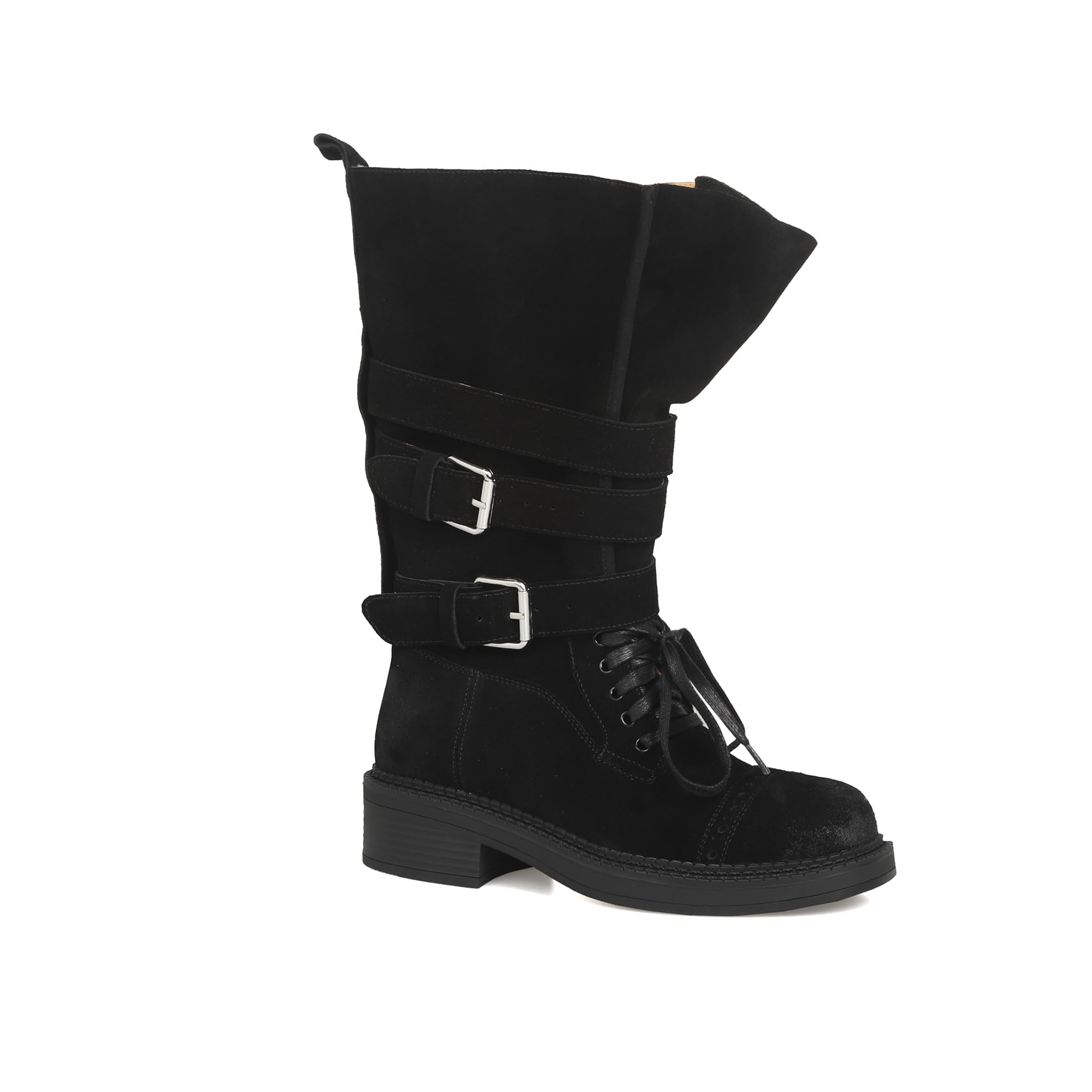 Suede Mid Calf Boots for Women Round Closed Toe Adjustable Two Strap Winter Booties Lace up Low Block