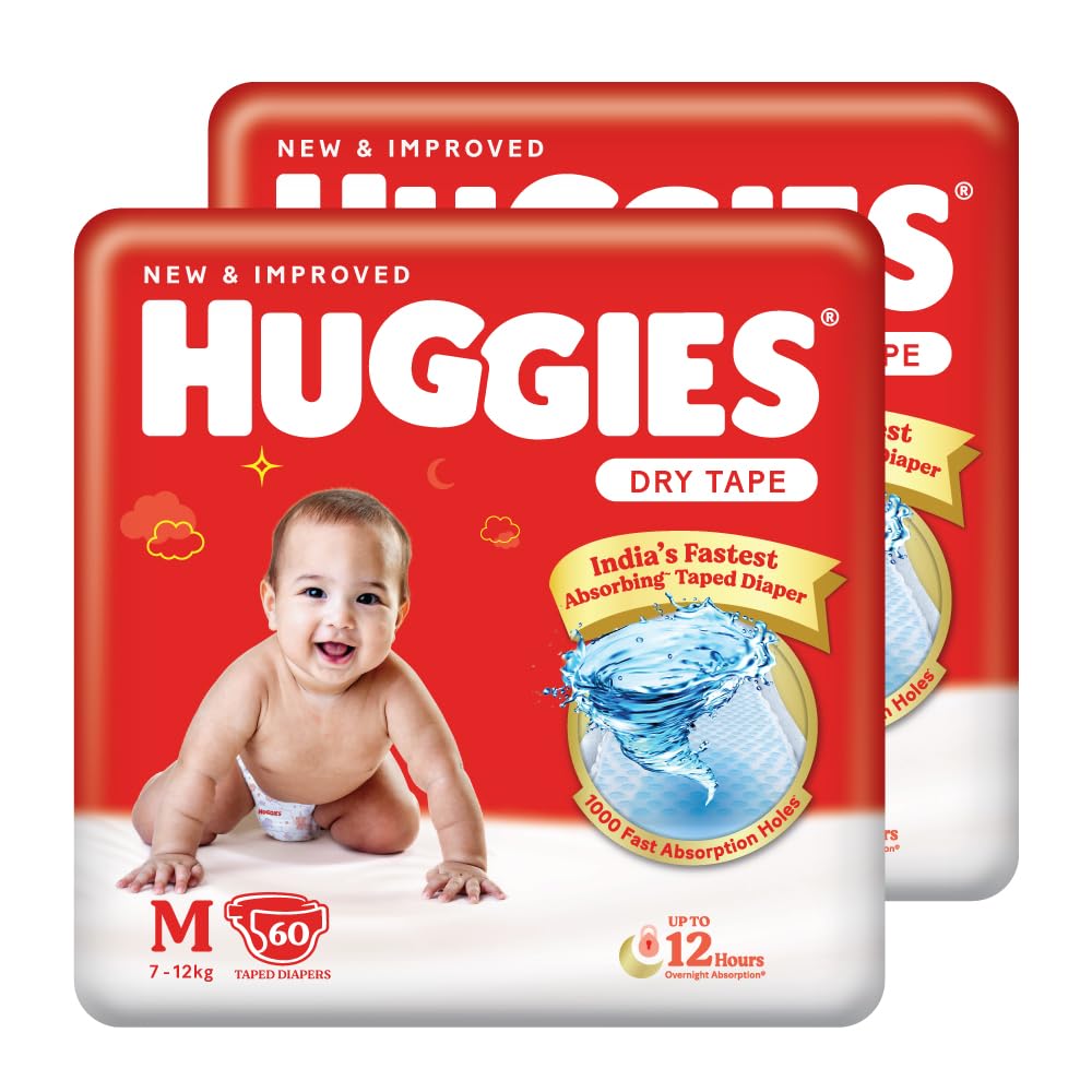 Huggies Complete Comfort Dry Tape Medium (M) Size Baby Tape Diapers, 120 count with 5 in 1 Comfort (60 Count, Pack of 2)