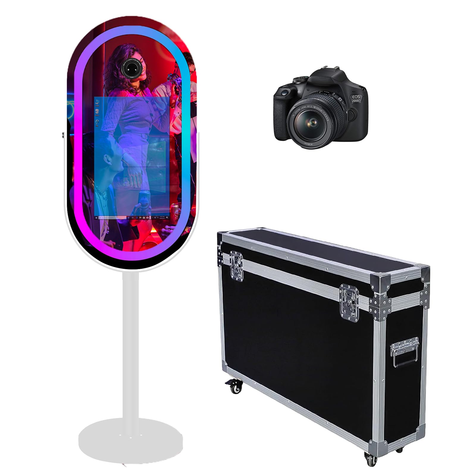 Eliptyczne lustro fotobudka do selfie ramka LED przenośna 54.6 cm ekran dotykowy magiczne lustro budka maszyna na imprezy weselne ze światłem RGB (białe, fotobudka + aparat)