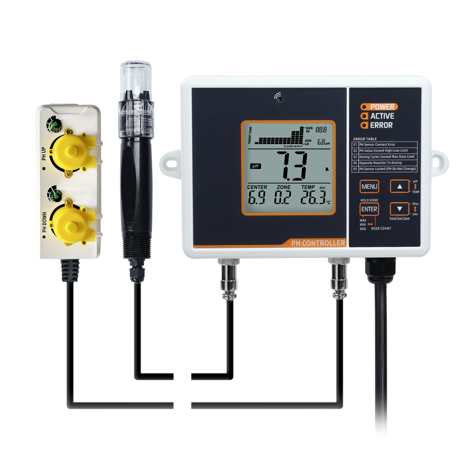 Controlador de pH de relé dual con bomba dosificadora, Monitoreo de alarma de rango alto/bajo y registro de datos para sistema Hidropónico, Cultivo de plantas de invernadero, Acuario, Acuicultura