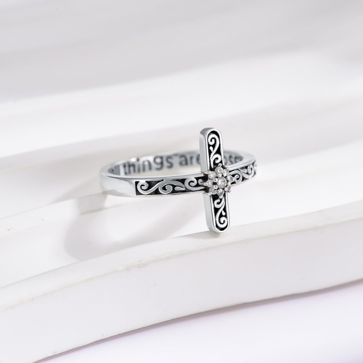 Diamond Cross Ring for Women Sterling Silver with God All Things are Possible Vintage Filigree Christian Ring with Lab Grown Diamond, Size 4-15
