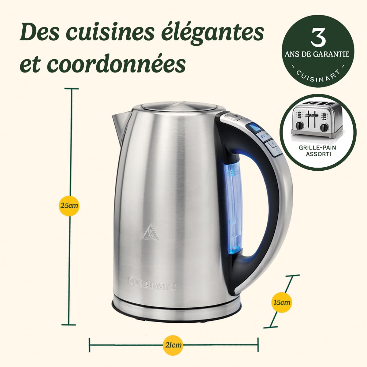 Cuisinart Bouilloire électrique Multi-Températures - Ébullition rapide - Sans fil - Argenté - Fini en acier inoxydable - Capacité de 1,7L - Température réglable - Filtre amovible et lavable