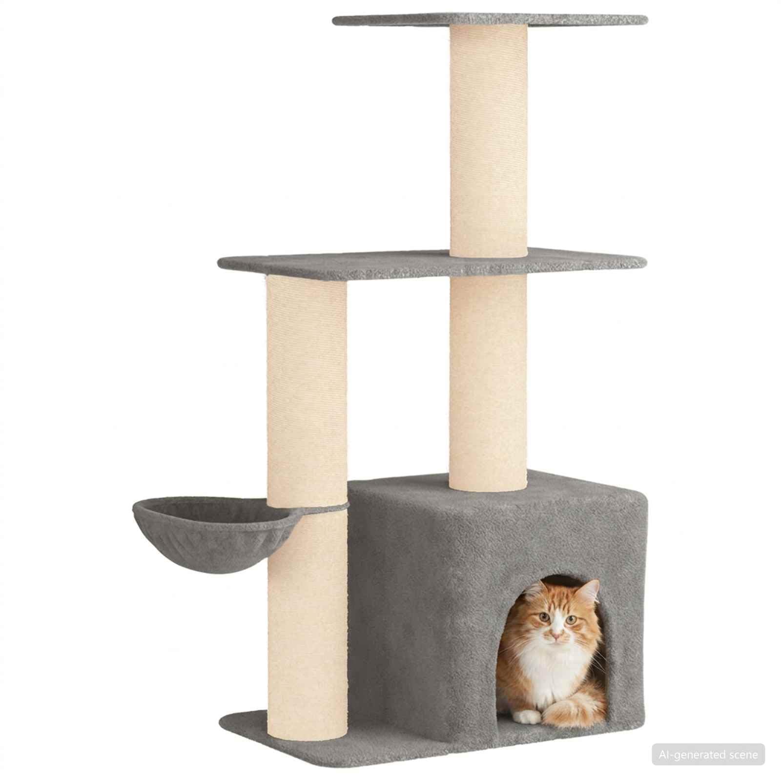 Kratzbaum Stabil mit Sisal-Kratzsäulen und Katzenhöhle - Mehrstöckiger Katzenbaum 133 cm hoch für Drinnen - Kletterbaum mit Plüsch und Holz für Katzen, Hellgrau