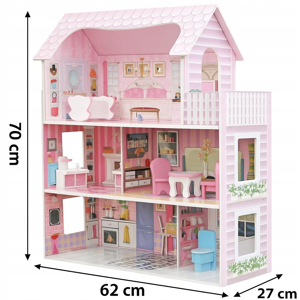 Mibbi Drewniany Domek dla Lalek HOMEE Duży XL – 3-Poziomowy z 8 Mebelkami i Balkonem, Różowy Zabawkowy Domek dla Dziewczynek 70x62x27 cm