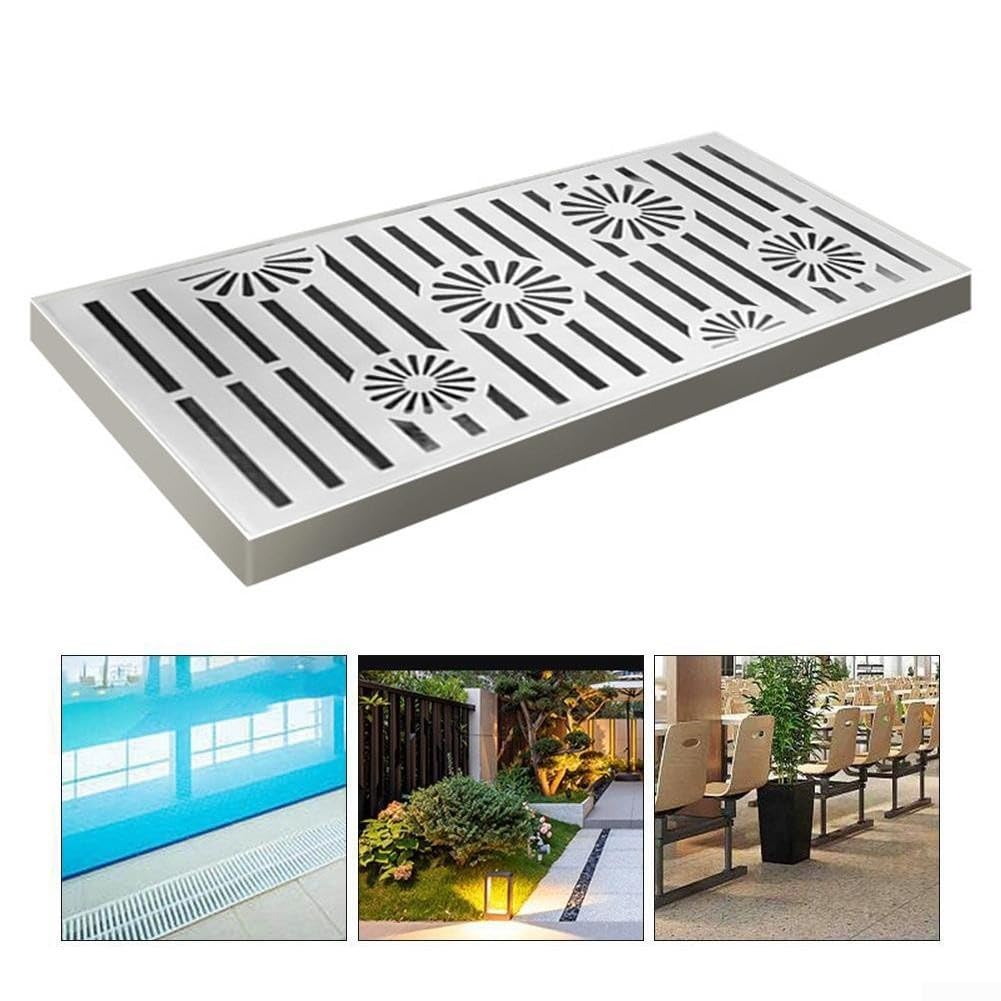 Griglia di scarico in acciaio inox con telaio, rettangolare, per patio, giardino, piscina, soluzione di drenaggio antiscivolo, colore argento, 200 x 300 mm o 200 x 400 mm (200 x 400 x 20 x 2 mm)