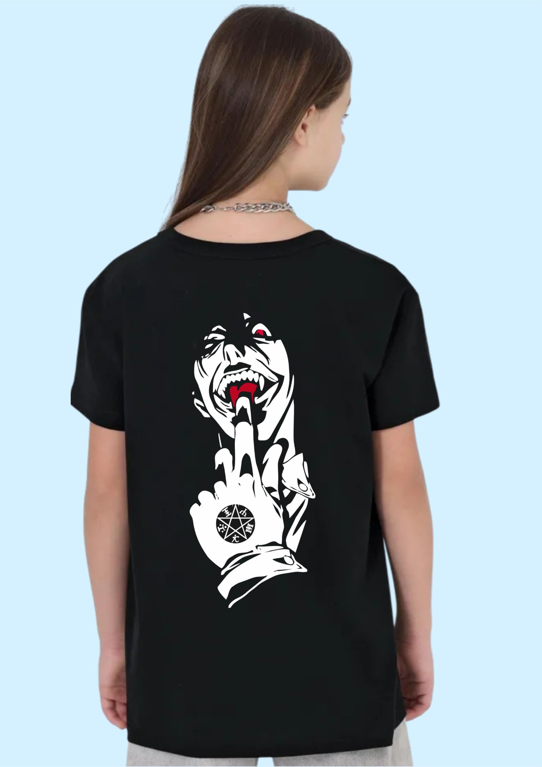 Uniplanet Store Camiseta negra de mezcla de algodón, media manga, ajuste regular, espalda Alucard, estampado anime, color negro