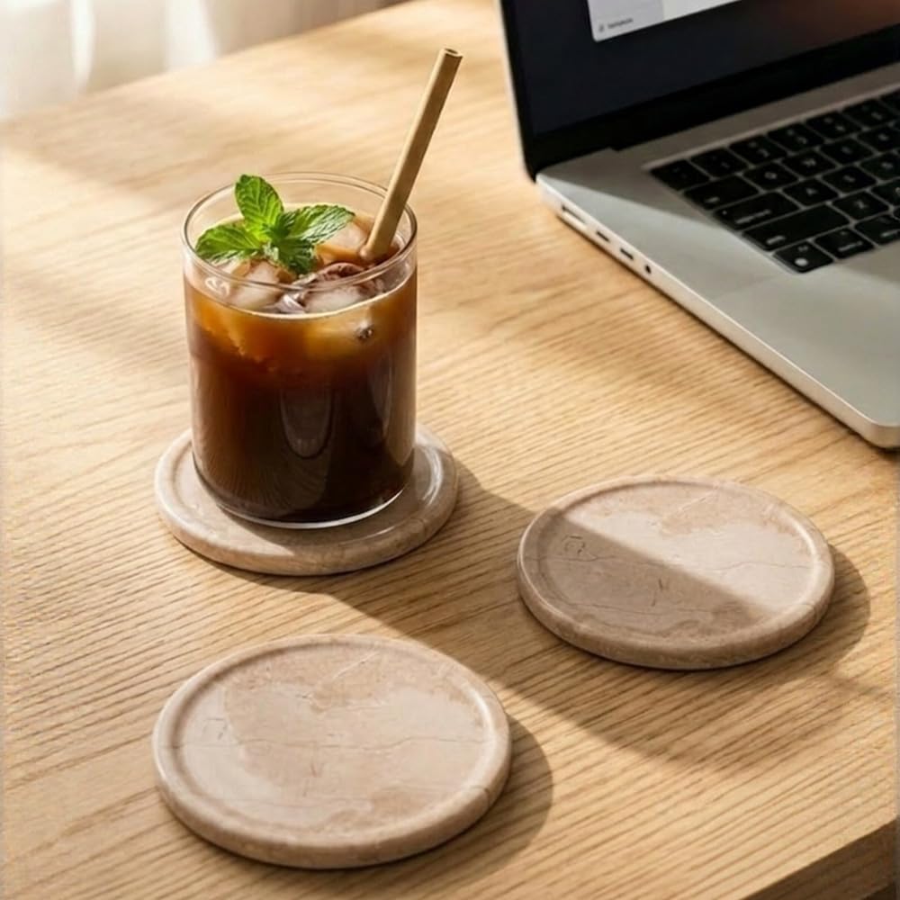 Verona Juego de 6 Posavasos Redondos de Mármol 3.5 Pulgadas con Soporte para Mesa y Café