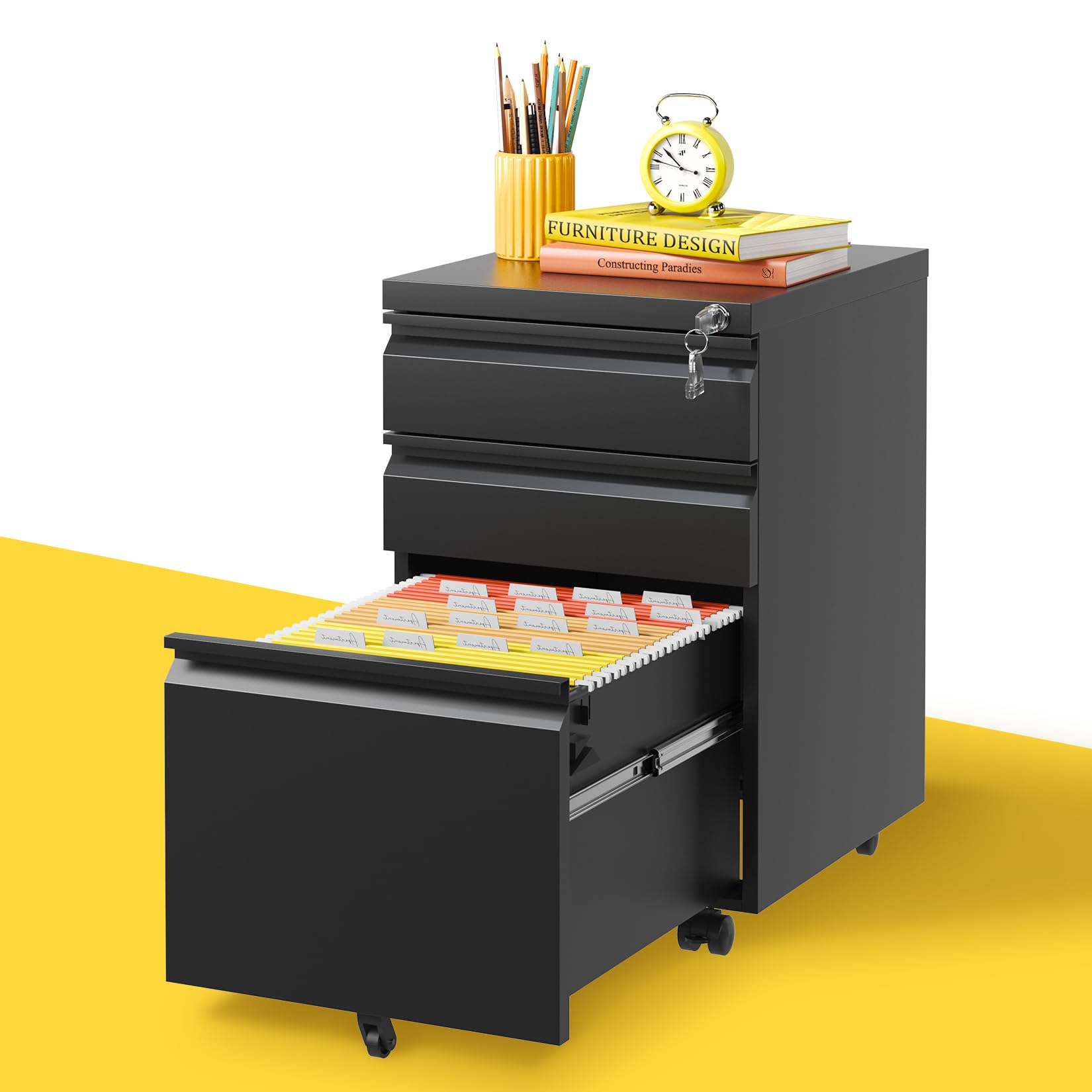 Photo 1 of 3 Drawer Mobile File Cabinet, Black Metal Under Desk Filing Cabinets with Wheels, Locking Slim Vertical File Cabinet for Home Office, Fully Assembled, fits Letter/Legal/A4 Size Folder 3 Drawer Assembled Black