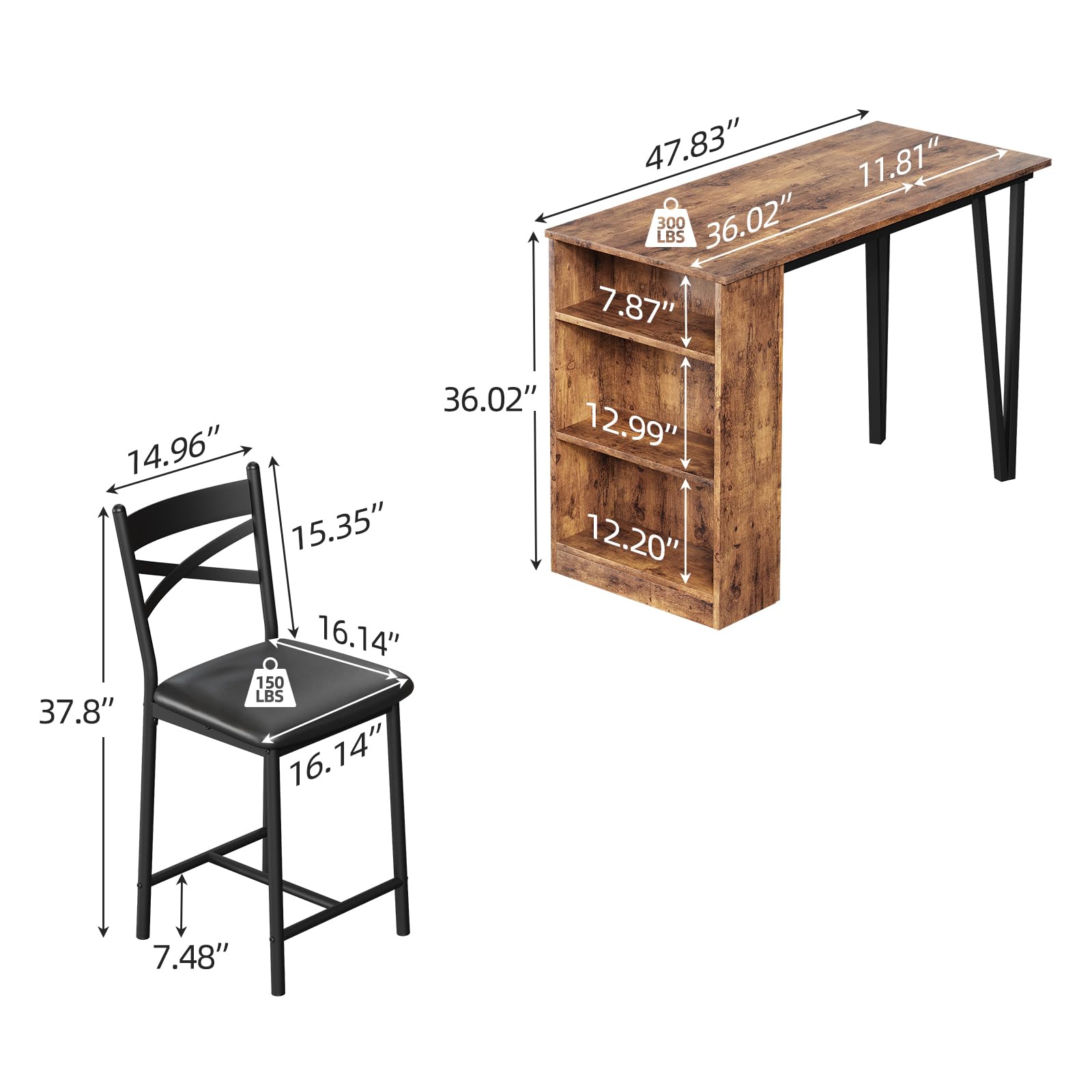 Kompakt und platzsparend, 3-teiliges Esszimmer-Set für 2 Personen – ausziehbarer Bartisch mit 3 Ablagen – 2 gepolsterte Hocker – ideal für Küche, kleine Räume, Wohnung – Stil
