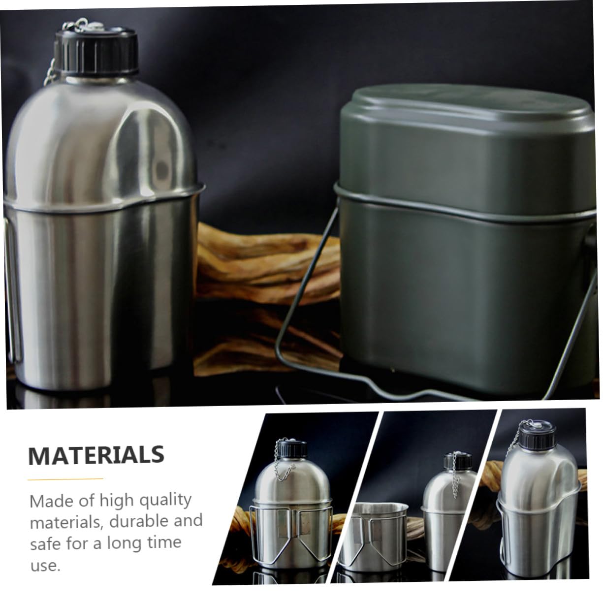 Supvox Tragbare Edelstahl Wasserflasche Militär Wasserkocher Satz 1l Langlebig Dicht Camping Reisekessel Outdoor Flüssigkeitsbehälter