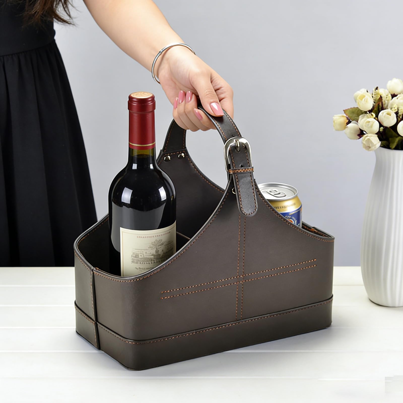 Cesta de almacenamiento de cuero, estructura de MDF, soporte para revistas, flores de vino, frutas, con asa superior para regalos de vacaciones (pequeño, café)