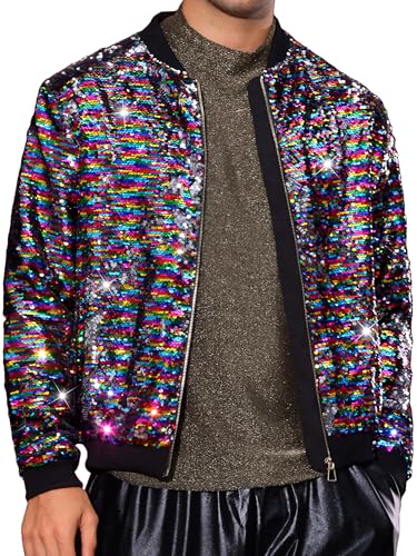 Image of Lars Amadeus Sequin Varsity Jacket for Men's Zipper Party Disco Flip-Sequin Shiny Bomber Jackets