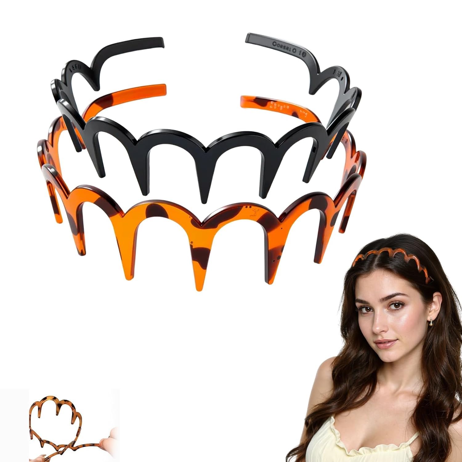 2 Pcs Zig Zag Shark Tooth Headbands for Women Girls, Black & Brown Plastic Hair Comb Hoops, Non-Slip Wavy Hair Accessories for Use, Styling & All Hair Types-image-2